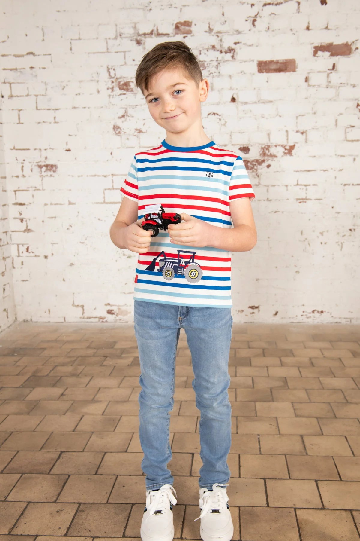 Oliver Short Sleeve Top - Red Blue Stripe Tractor - Image 4