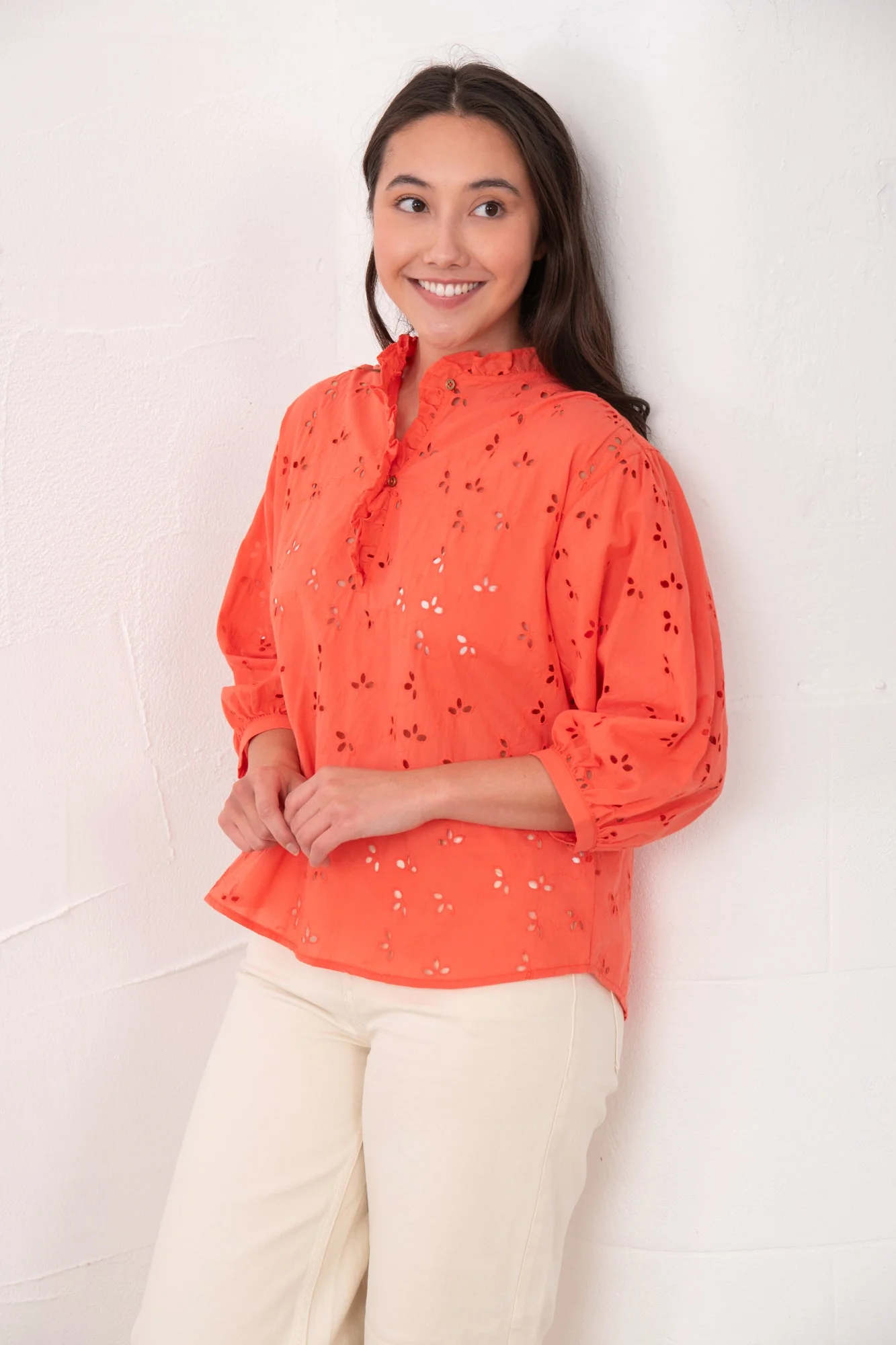 Thea Cotton Blouse - Coral Broderie Anglaise - Image 3